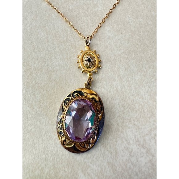 Jewelry - Antique Victorian gold filled Etruscan revival purple paste pendant necklace